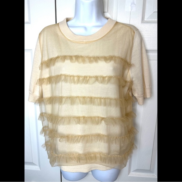 New J.CREW 100% Merino Wool Ruffle Tulle Front Sweater Ivory Cream Knit Workwear - Picture 2 of 12